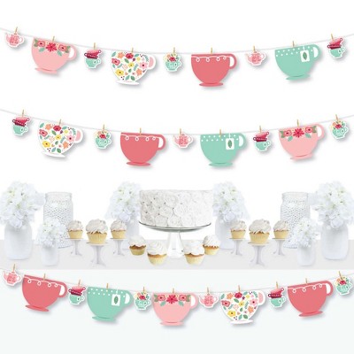 Big Dot of Happiness Floral Let's Par-Tea - Garden Tea Party DIY Decorations - Clothespin Garland Banner - 44 Pieces