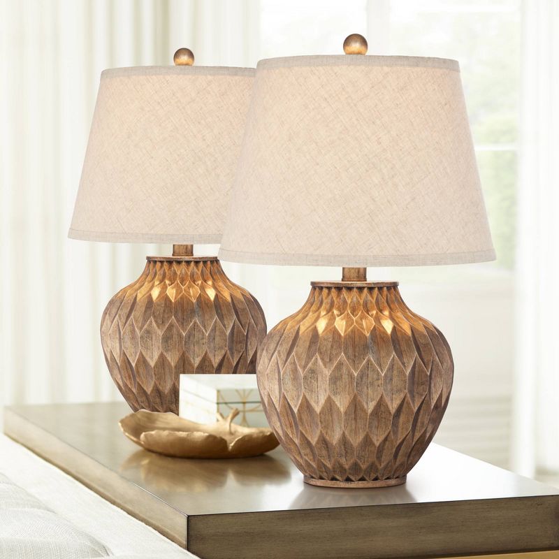 360 Lighting Modern Accent Table Lamps 22" High Set of 2 Warm Bronze Geometric Urn Tapered Drum Shade for Living Room Family Bedroom Office, 2 of 9