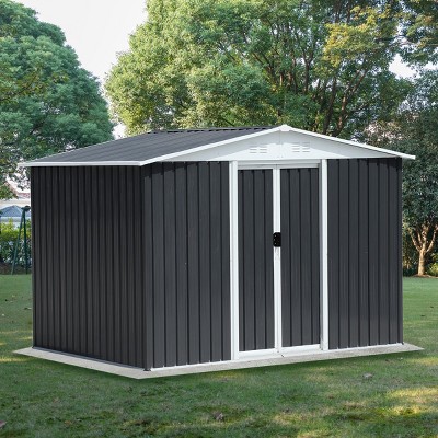 8x6 FT Outdoor Storage Shed with Sloped Roof and Lockable Doors, Weather-Resistant Metal Tool Shed for Backyard or Garden–The Pop Home