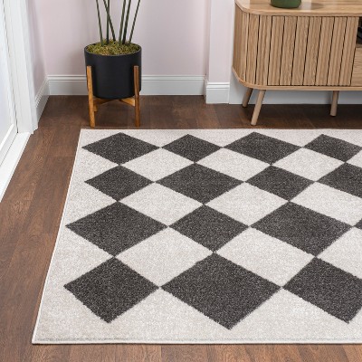 White and Dark Gray Geometric Diamond Pattern Area Rug