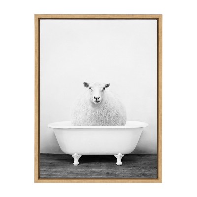 Natural Framed Canvas Print of Sheep in Vintage Tub, 18x24