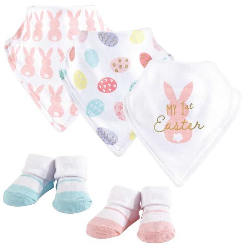 Hudson Baby Infant Girl Cotton Bib and Sock Set 5pk, Girl First Easter, One Size, 1 of 8