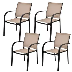 Tangkula 4PCS Outdoor Dining Chairs Stackable Chairs w/Armrests & Breathable Fabric for Balcony Garden & Patio