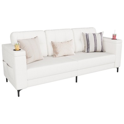 Sofas for Living Room, 84 Inch with Storage Armrests, Comfy Teddy Fleece Small Couch with Cup Holders and Convenient Side Pockets for Apartment