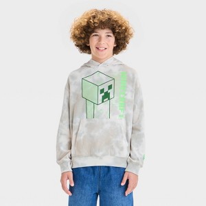 Boys' Minecraft Creeper Washed Hooded Fleece Sweatshirt - Tan/Green - 1 of 4