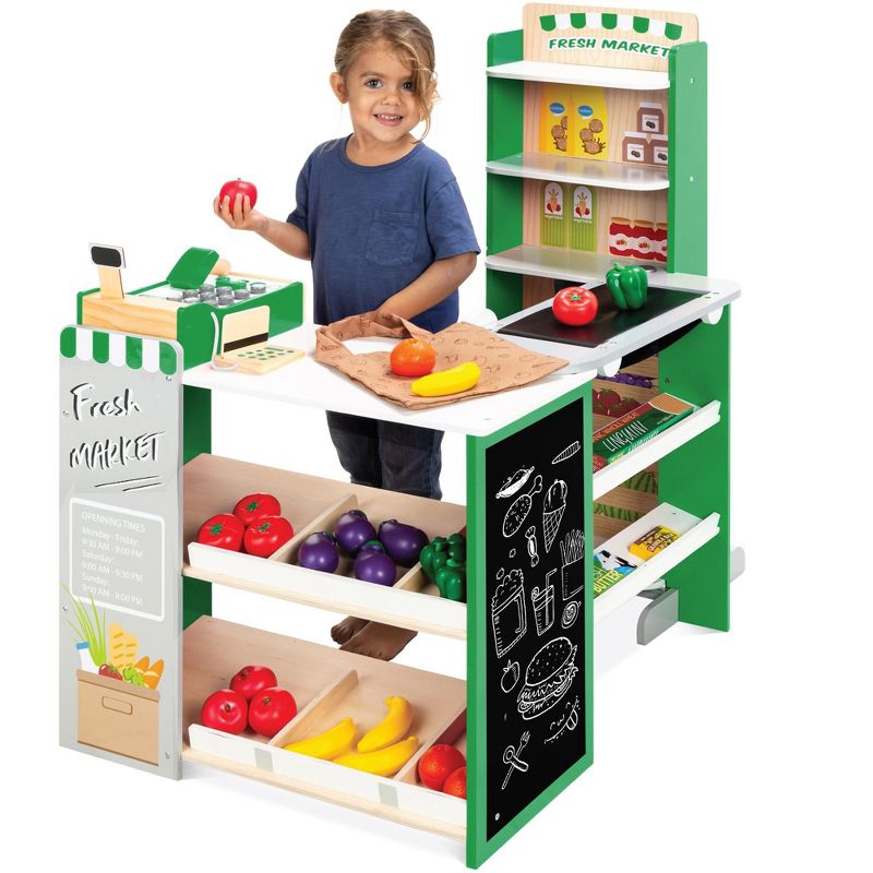Best Choice Products Kids Pretend Play Grocery Store Wooden Supermarket Set w/ Chalkboard, Cash Register, 1 of 8