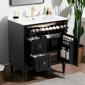 Mshliw 30" Freestanding Bathroom Vanity with Ceramic Sink, Flip Drawer, 2 Storage Drawers & Adjustable Shelf, Solid Rubberwood Frame - 1 of 4