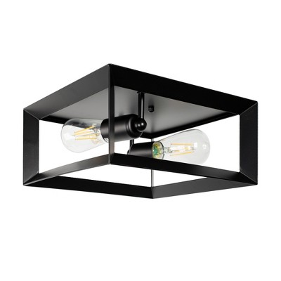 DORESshop 2-Light Black Farmhouse Caged Square Flush Mount Industrial Vintage Ceiling Lighting