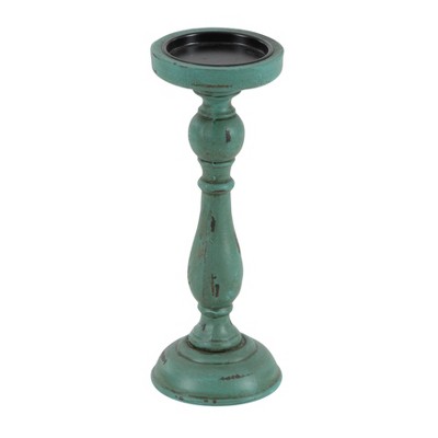 Teal Wood Fluted Pillar Candle Holders Set of 3