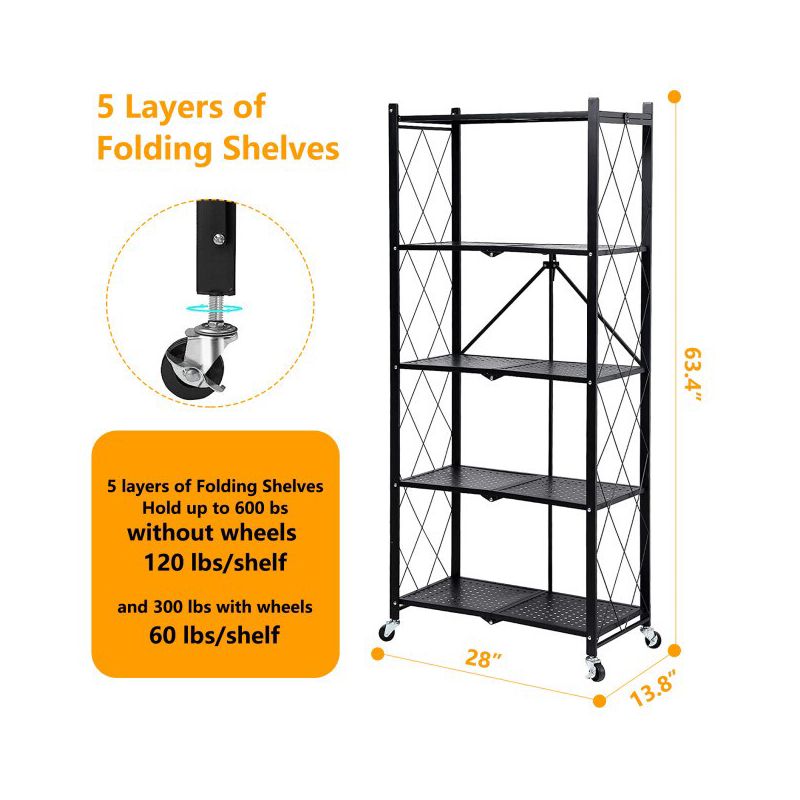 SUGIFT 5-Tier Storage Shelf Foldable Metal Shelving Units with Wheels, Black, 2 of 6