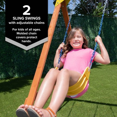 Brighton Outdoor Wood Swing Set with 3 Yellow Swings