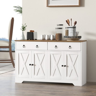 DOMETOUR Sideboard Buffet Cabinet with 2 Drawers, 4 Barn-Style Doors and Adjustable Shelves Wood Grain Top White Storage Cabinet