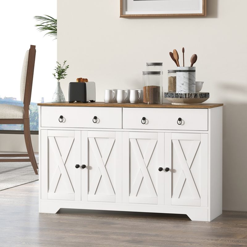 HOMCOM Sideboard Buffet Cabinet, Farmhouse Coffee Bar Cabinet with 2 Drawers, Barn Doors and Adjustable Shelves for Living Room, Dining Room, White, 3 of 7