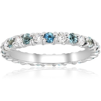 Pompeii3 1ct Diamond & Aquamarine Eternity Ring Common Prong 14k White Gold Stackable
