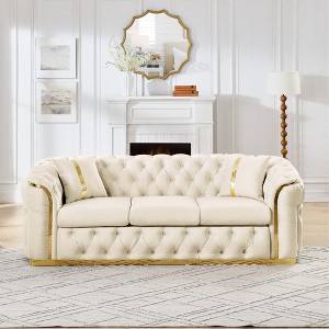 Luxurious 90.6 Inch Velvet Chesterfield Sofa with Button Tufting, Gold Accents, and 2 Pillows - Premium 280g Italian Velvet for Elegant Living Rooms - 1 of 4