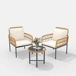3-Piece All-Weather Wicker Rattan Bistro Patio Furniture Set with Glass Table and Thick Cushions, For Balcony, Garden, Backyard, and Poolside, Beige - 1 of 4