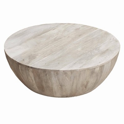 The Urban Port 35.5" Round Mango Wood Coffee Table Subtle Grains Distressed White