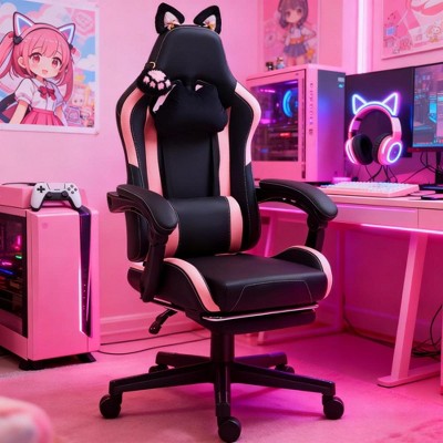 QingMoon Gaming Chair with Cat Ears, Adjustable Office Chair, Swivel Desk Chair, Faux Leather Computer Chair with Headrest for Office, Gaming