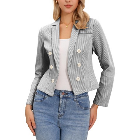 Женские пиджаки INSPIRE CHIC Women's Stripe Notch Lapel Long Sleeve Open Front Casual Work Office Suit Blazer Medium Dark Blue