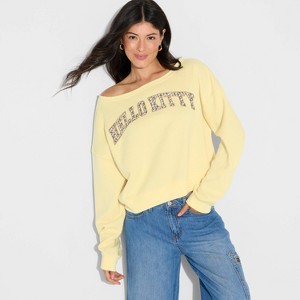 Women's Hello Kitty Cow Graphic Off the Shoulder Sweatshirt - Light Yellow - 1 of 3