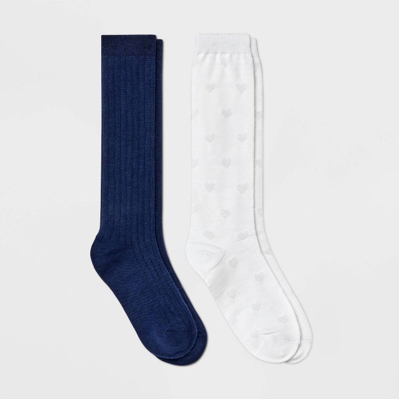 Girls' 2pk Heart Knee High Socks - Cat & Jack™ Navy Blue/White, 1 of 5