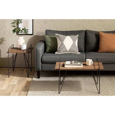 Brown Oak and Black Metal Rectangular Coffee Table
