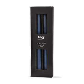 tag Color Studio 12" Traditional Taper Unscented Smokeless Paraffin Wax Candle Blue Denim Set of 4, Burn Time 8 hrs.