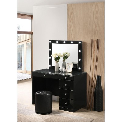 PAGED Vanity Desk with Mirror and Lights Wooden Makeup Vanity with Glass Top, 5 Drawers, Crystal Knobs for Bedroom
