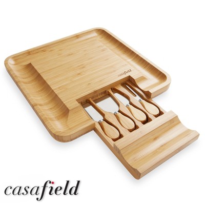 Casafield Bamboo Cheese Cutting Board & 4pc Knife Gift Set - Wooden ...