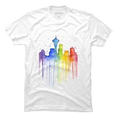 Men's Design By Humans Seattle Skyline Rainbow Watercolor By OlechkaDesign T-Shirt