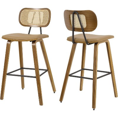 Bekrvio 26" Mid Century Modern Counter Height Bar Stools - Rattan Cane Back, Wood, PU Leather Upholstered for Kitchen Island Dining
