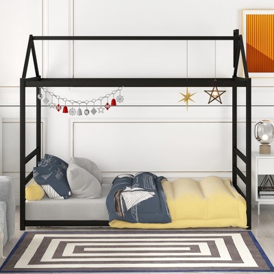 Twin Size Metal House-Shaped Floor Bed with Roof and Chimney Design, Modern  Platform Bed Frame, No Box Spring Required, for Kid' Room or Baby Room
