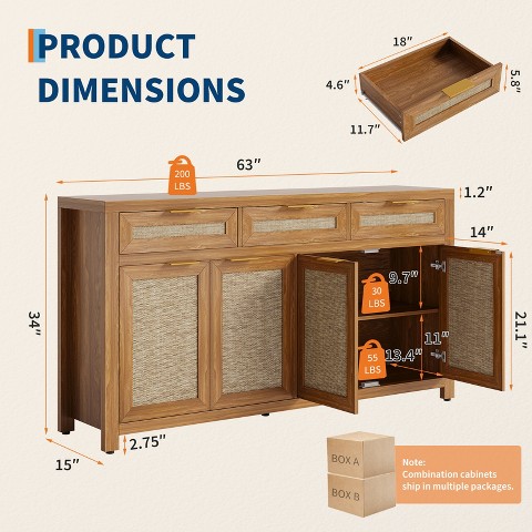 LinTimes Farmhouse Buffet Sideboard Cabinet 63in Storage Credenza W/ Rattan Panels, 3 Drawers, 4 Doors & Adjustable Shelves for Dining Room, Kitchen Dark Oak