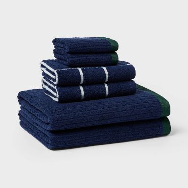 6pc Everyday Ribbed Dorm Towel Set Navy/White - Room Essentials™