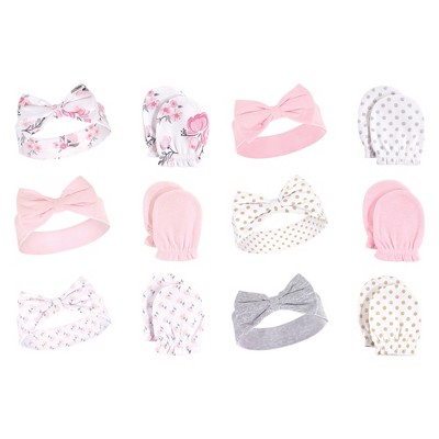 Image of Hudson Baby Infant Girl 12Pc Cotton Headband and Scratch Mitten Set, Pink Floral Dots, 0-6 Months