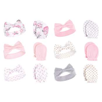 Hudson Baby Infant Girl 12Pc Cotton Headband and Scratch Mitten Set, Pink Floral Dots, 0-6 Months