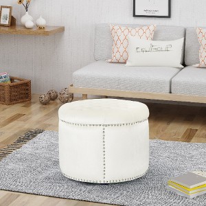 Lyngins Velvet Round Ottoman, Studded Rim Ottoman Bench, Foot Stool & Extra Seating (Sturdy Wooden Frame for Living Room, Bedroom) - 1 of 4