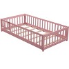 Dolonm Twin Size Floor Platform Bed with Fence & Door, Pink - Sturdy Pine Wood, Safety Design for Kids - 2 of 4