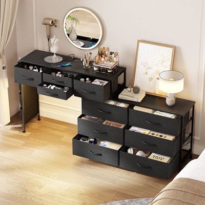 WOWLIVE Dresser for Bedroom with Charging Station and LED Light, Rotatable Vanity Desk with Fabric Drawers and Side Pockets