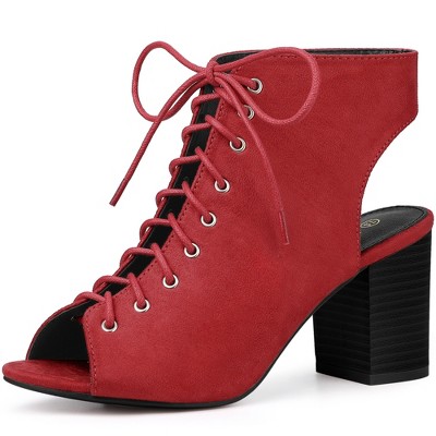 Perphy Women's Lace-Up Peep Toe Slingback Chunky Heels Ankle Boots
