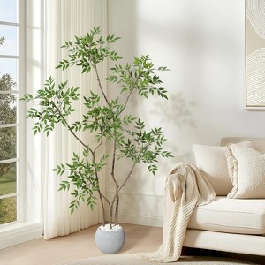 Artificial Plants Indoor,  Faux Floor Plant in Pot, Nandina Artificial Tree with Grey Planter for Home Decor Office Living Room - 1 of 4