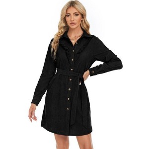 Coolmee Womens Ruffled Lapel V Neck Long Sleeve Button Waist Tie Wrap Mini Dress With Pocket Work Corduroy Dress - 1 of 4