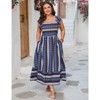 Coolmee Women Plus Size Casual Boho Striped Smocked Square Neck Short Sleeve High Waist Maxi Dress With Pockets - 2 of 4