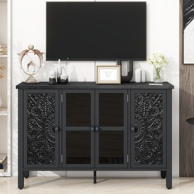 HDZNVF Retro TV Stand with 3 Spacious Cabinets for TVs up to 43 Inche Black