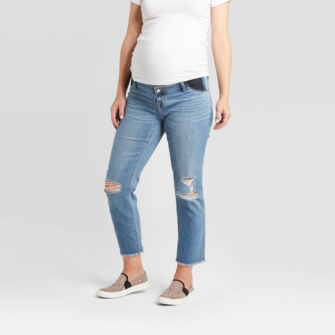 Isabel Maternity Jeans 10 Skinny Cut Distressed Side Panel Frayed Hem Stretch 