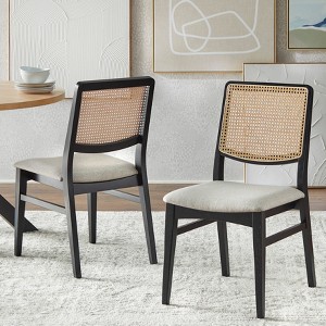 Lifestorey Set of 2 Gilcrest  Modern Cane Back Dining Chairs Black/Natural: Mid-Century Modern, Rubberwood Frame, Gray Upholstery - 1 of 4