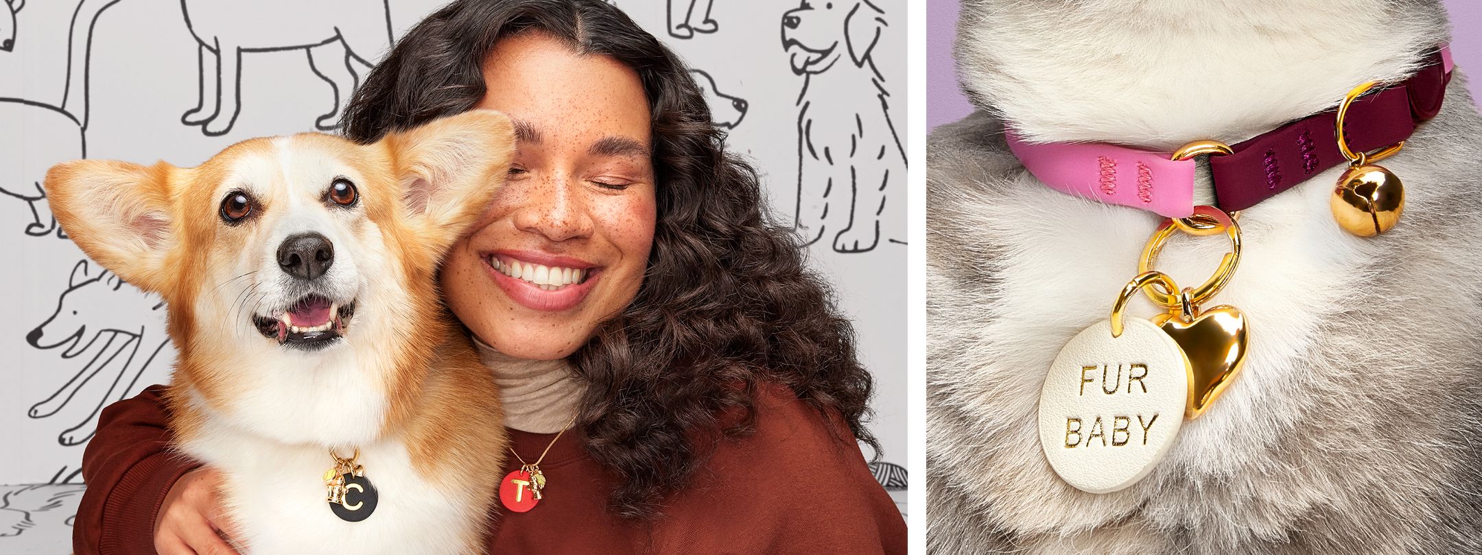 image features a girl and her dog wearing matching charms and a cat with collar featuring tag and charms.