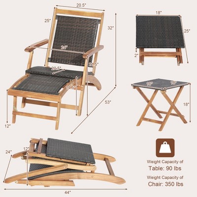 Acacia Wood and Brown PE Rattan Folding Lounge Chair Set with Retractable Ottoman