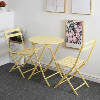 3-Piece Outdoor Bistro Set, Yellow Metal Folding Round Table with 2 Chairs, Collapsible Portable Patio Chat Set – Cuddlewood
