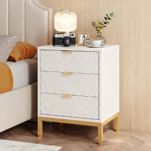 Gulches Modern Tall Nightstand with 3 Drawers 3D Honeycomb Hexagon Pattern, White Finish and Gold Metal Base - 1 of 3